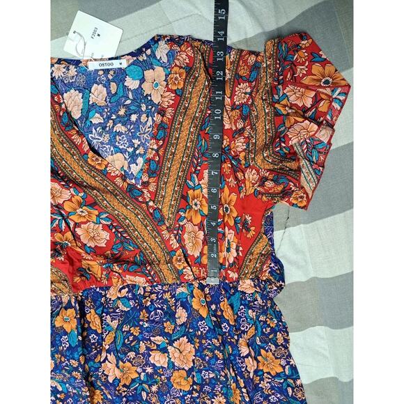 Womens Bohemia Side Split V Neck Ruffles Short Sleeves Maxi Dress with Belt Sz M - Picture 4 of 16